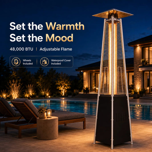 Pyramid Propane Patio Heater with Glass Tube Flame Outdoor Heater with Wheels Waterproof Cover Adjustable Heat Control Standing Heater for Patio Deck Garden Poolside Outdoor Dining