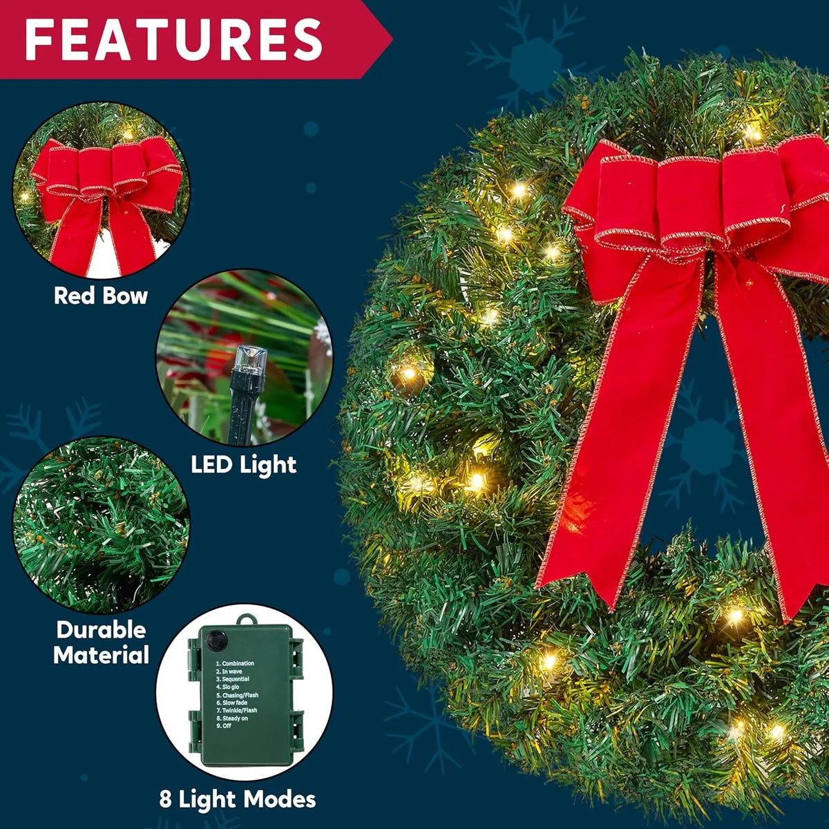 Joyfy Pre Lit Christmas Wreaths With LED Lights And Ribbon