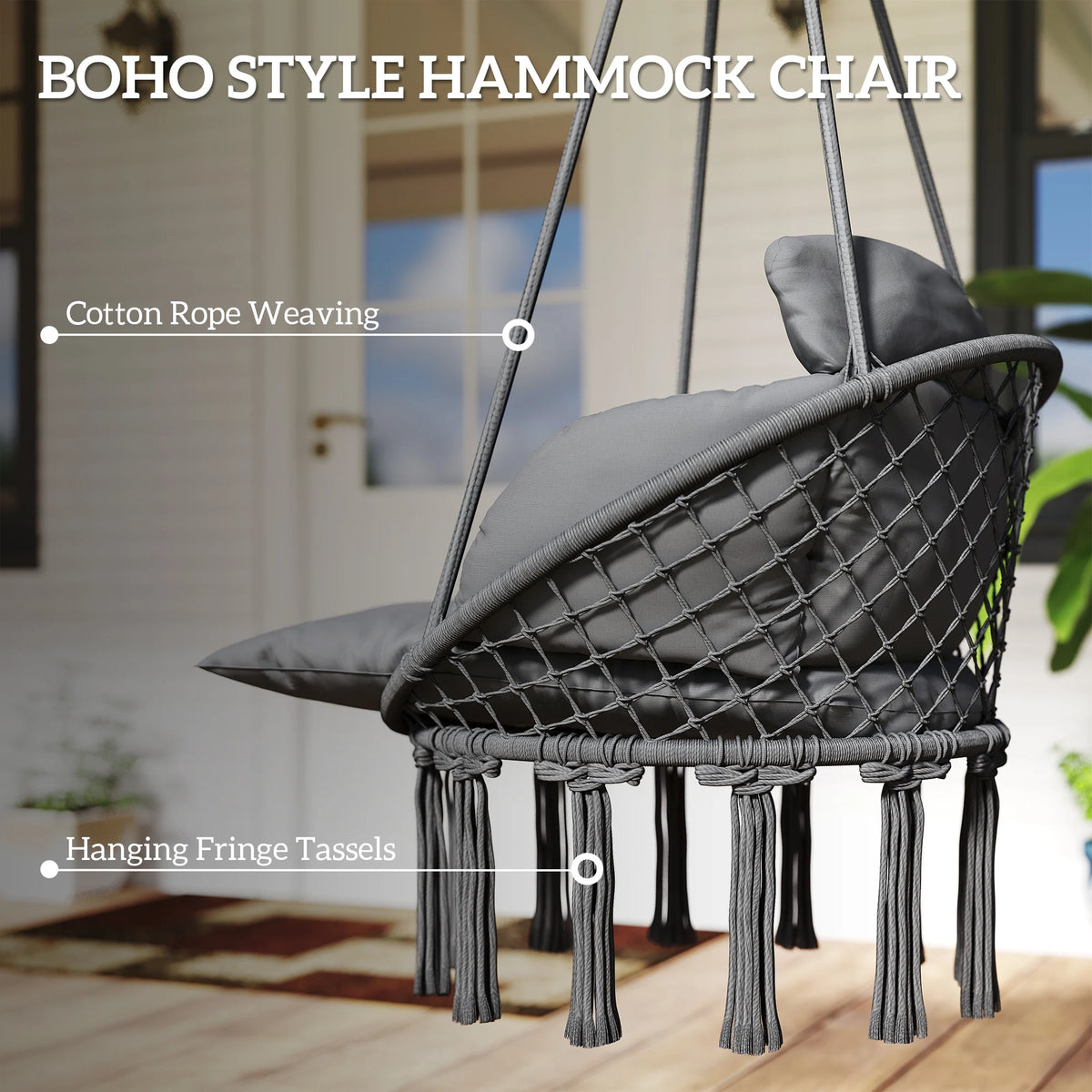 Outsunny Hanging Macrame Hammock Chair With Plush Cushion For Patio