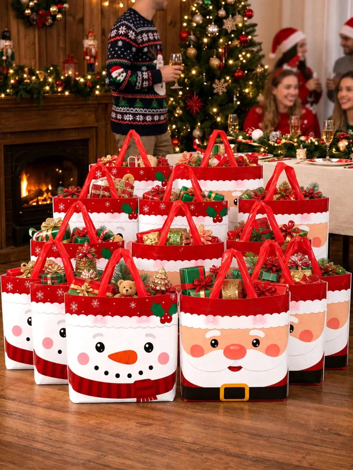 Christmas Gift Bags With Santa Reindeer And Snowman Prints