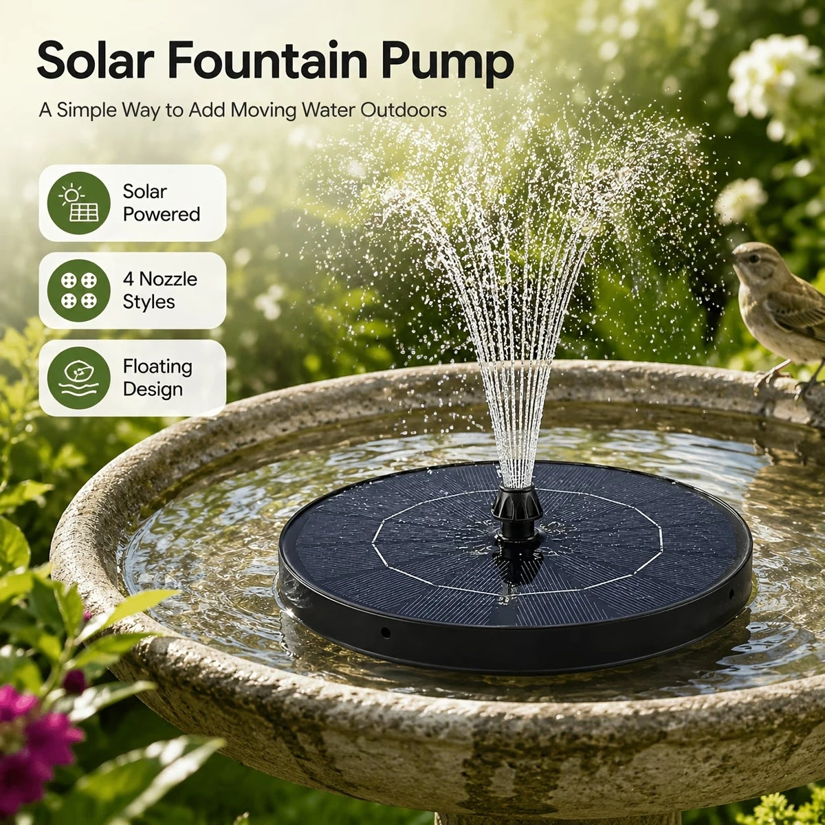 Solar Powered Water Fountain For Outdoor Garden And Pond Decor