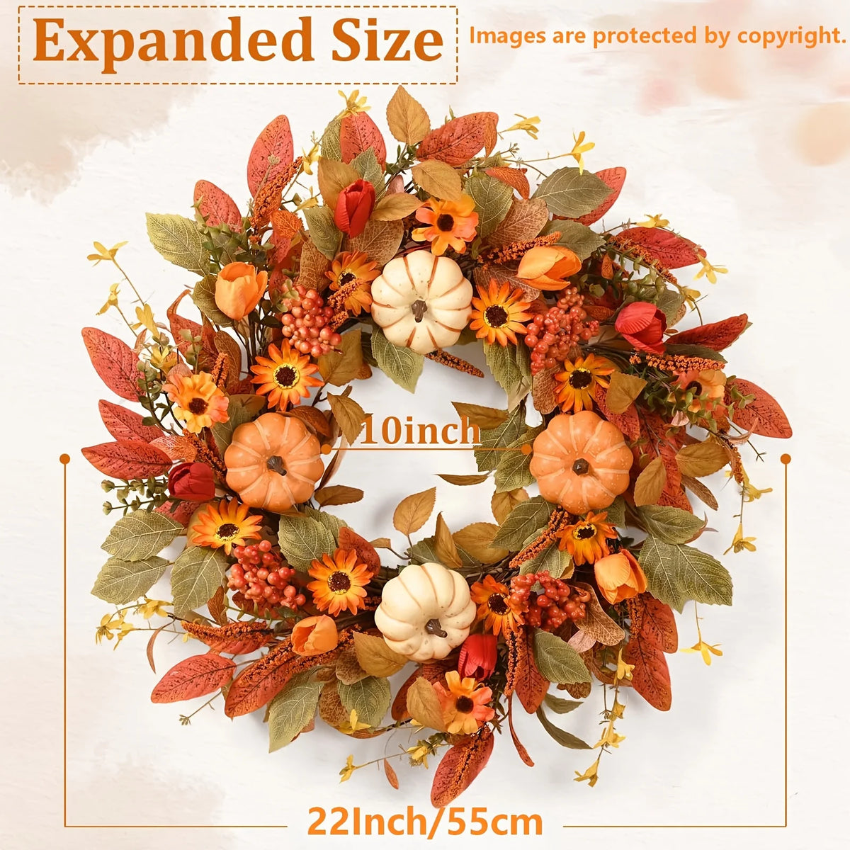 Autumn Wreath with Pumpkins, Leaves & Flowers, Perfect for Your Front Door, 22" Inch