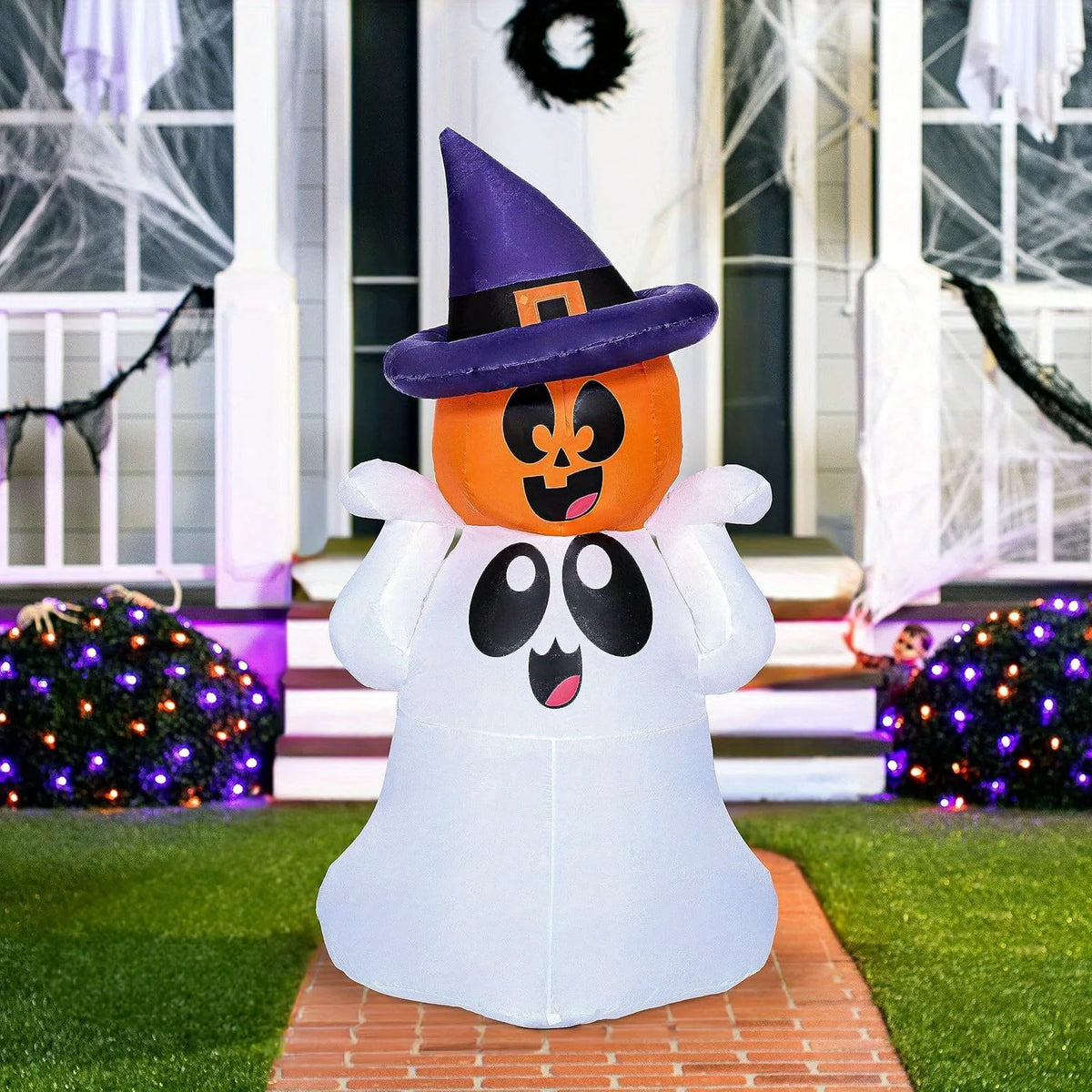 Pumpkin & Ghost Inflatable, Colorful Glowing LED Lights, 5 FT Tall