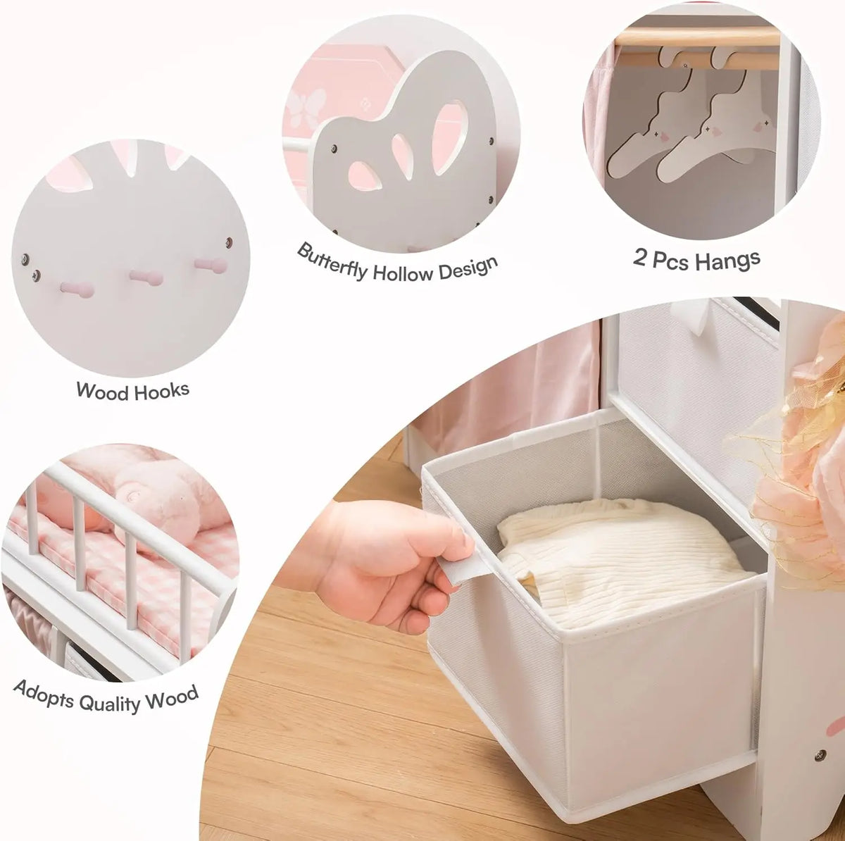 Rolife Wooden Baby Doll Crib With Storage Compartments