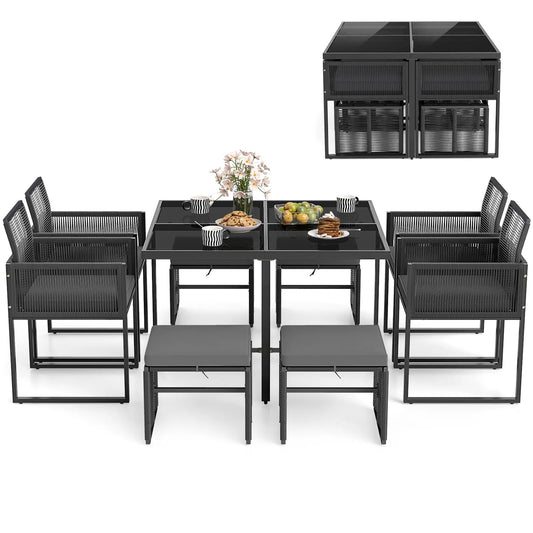 Lifezeal Outdoor Dining Set With Glass Table And Rattan Seating
