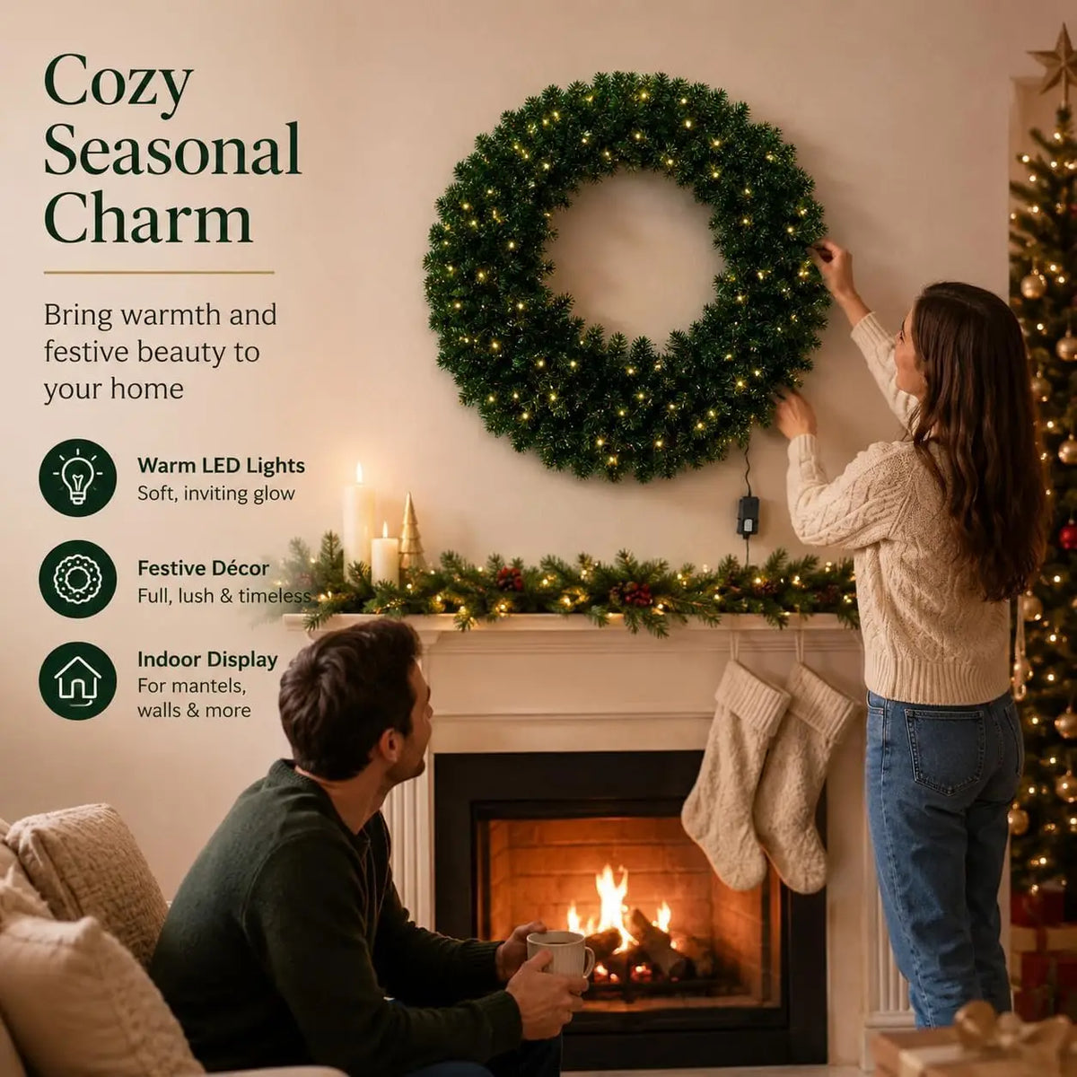 36 Inch Pre-Lit Artificial Christmas Wreath – Realistic Pine Door Decor with Pinecones & Berries, Warm White LED Lights for Holiday Entryway, Wall & Mantel