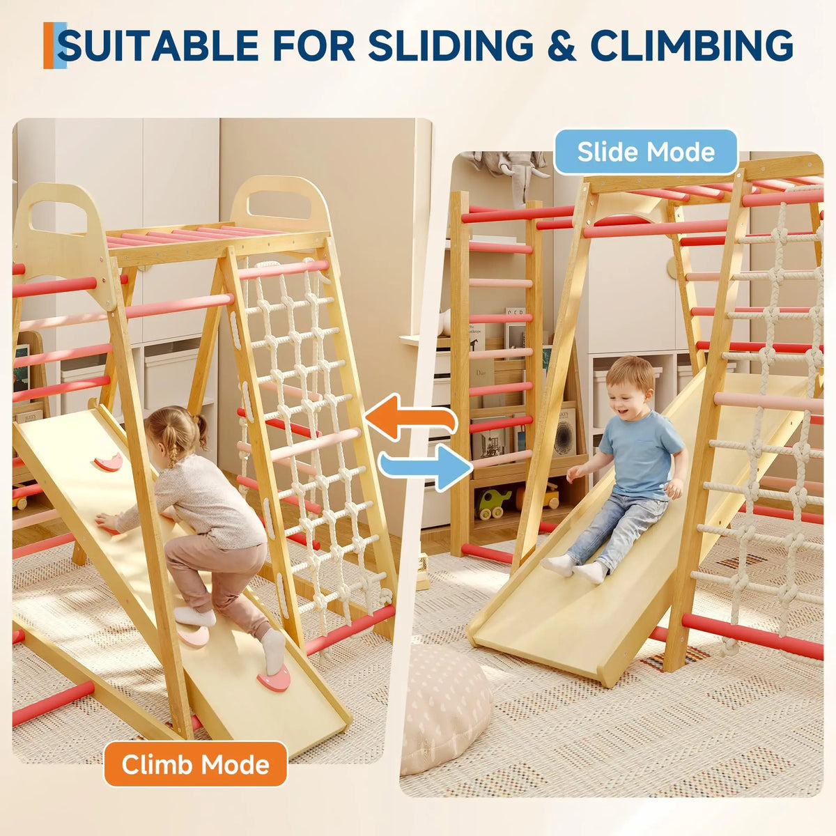 7 In 1 Extra Large Wooden Climbing Triangle Set For Kids 3-14, Foldable Indoor Jungle Gym With Slide Ramp, Arch And Animal Print