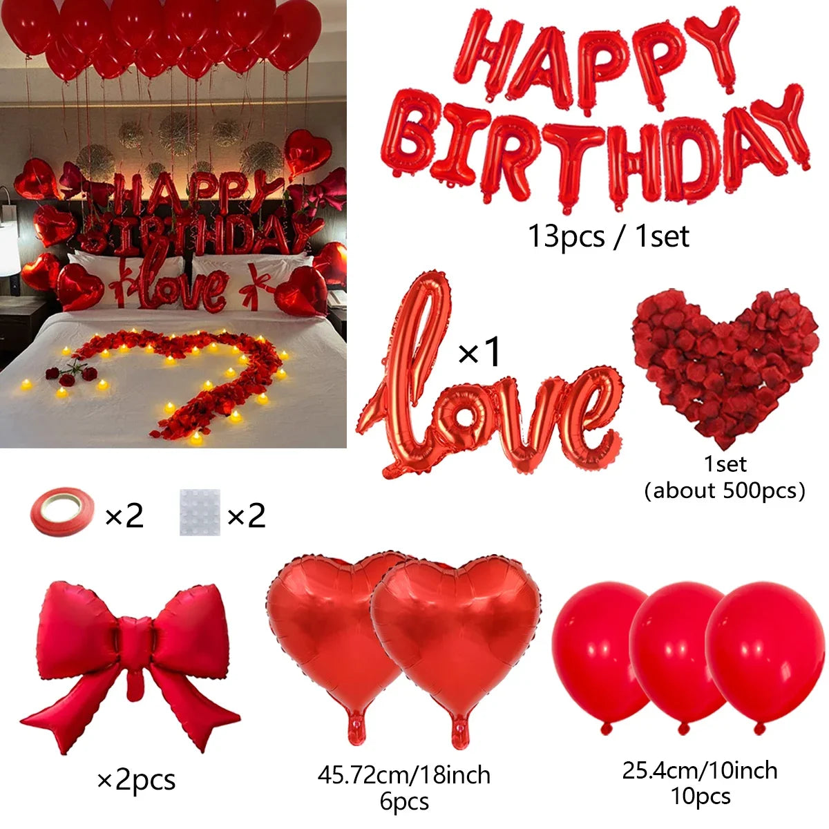 Red birthday balloon set with bow, love heart, aluminum foil balloon, simulated petals for birthdays and Valentine's Day
