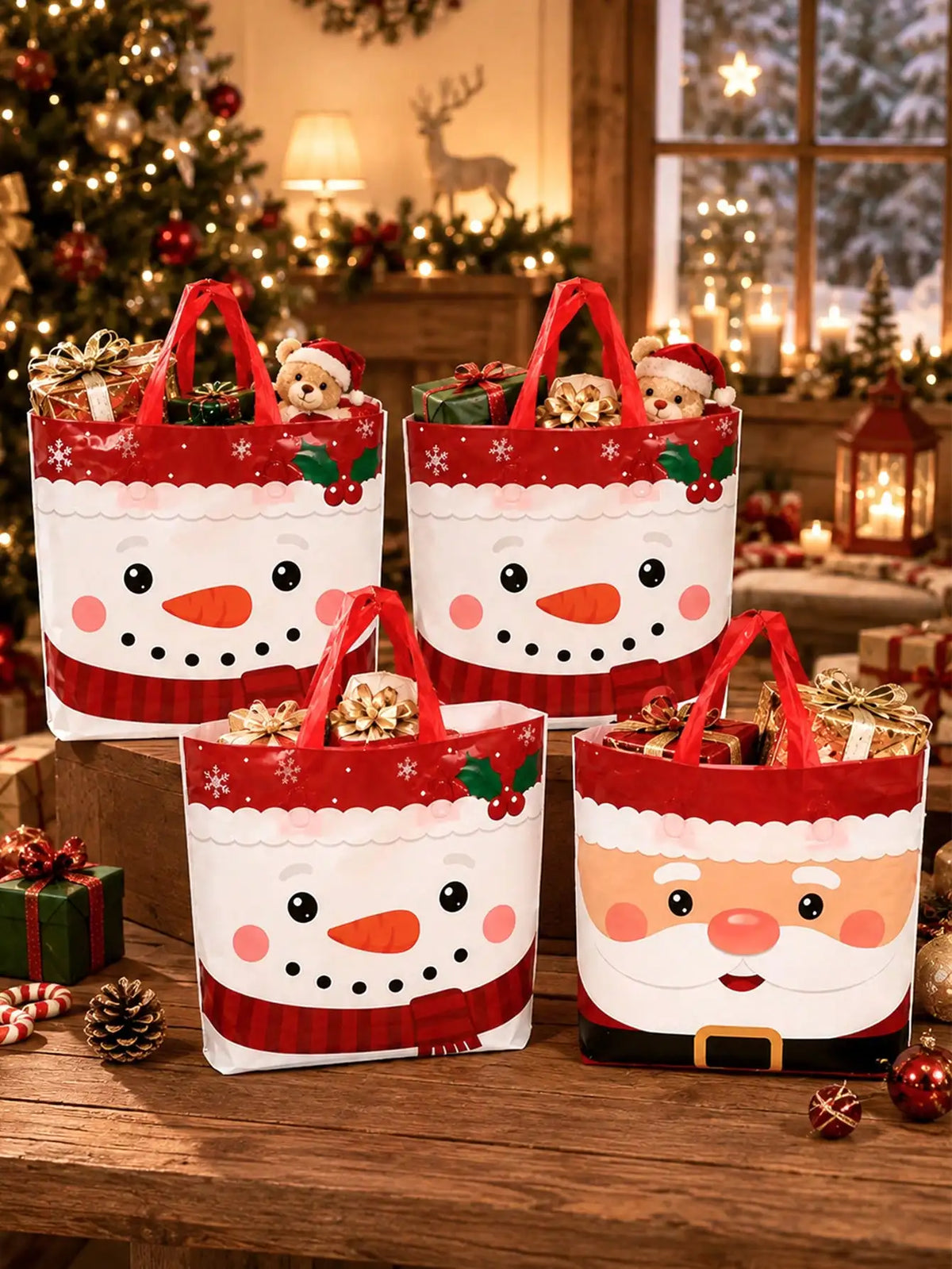 Christmas Gift Bags With Santa Reindeer And Snowman Prints