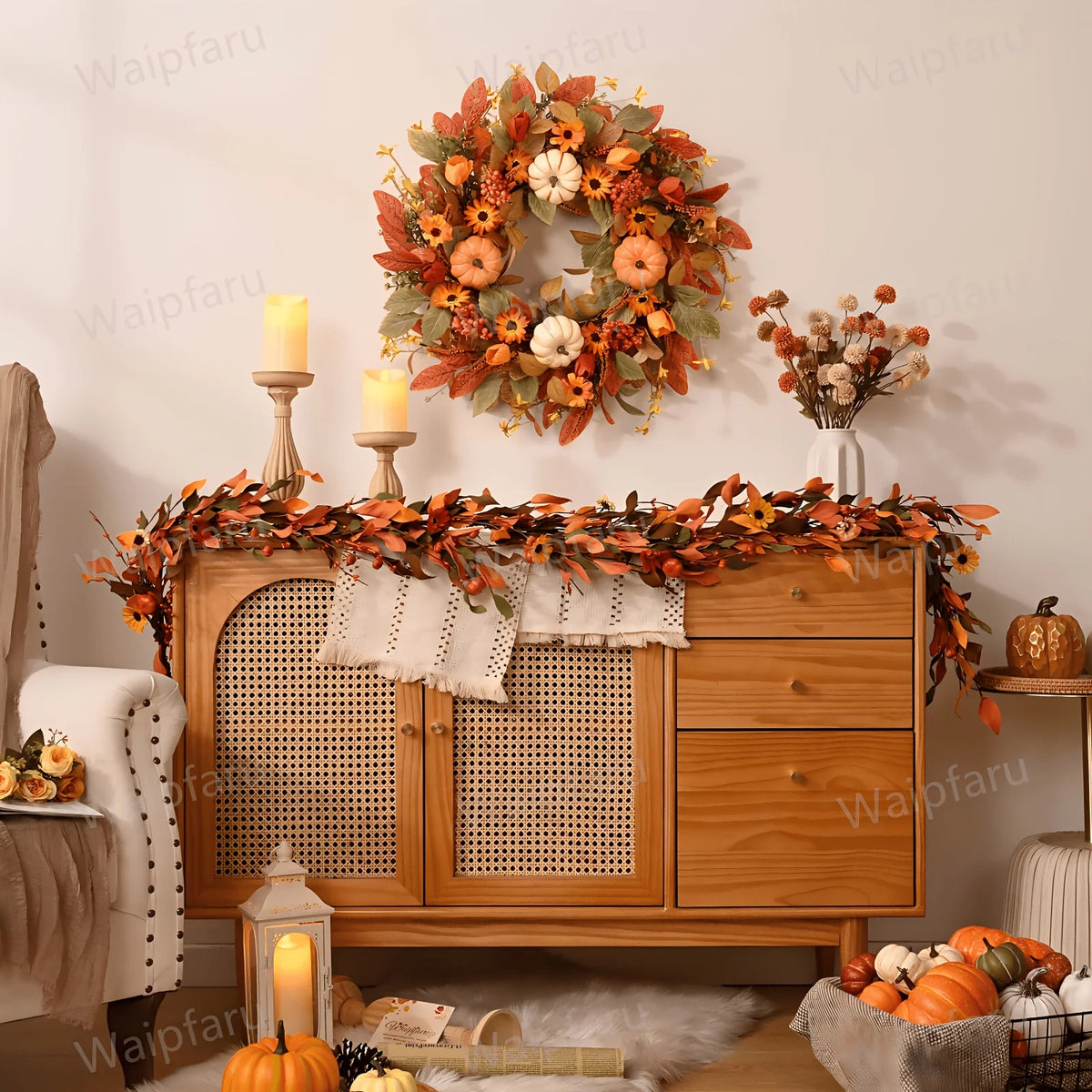 Autumn Wreath with Pumpkins, Leaves & Flowers, Perfect for Your Front Door, 22" Inch