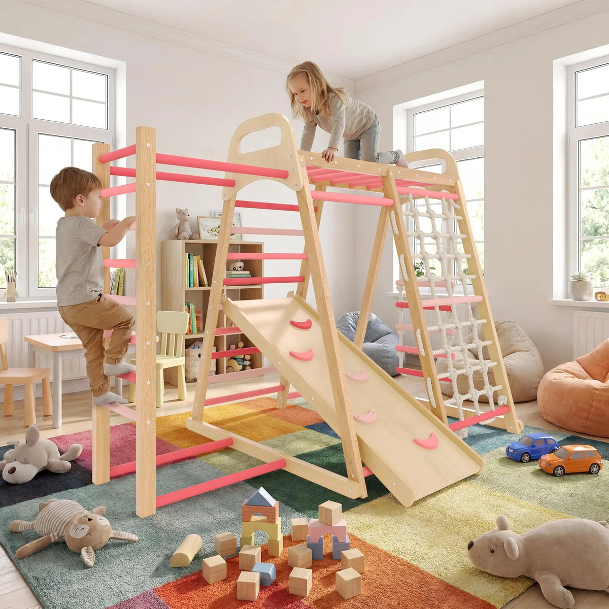 7 In 1 Extra Large Wooden Climbing Triangle Set For Kids 3-14, Foldable Indoor Jungle Gym With Slide Ramp, Arch And Animal Print