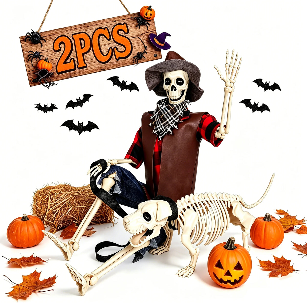 Posable Halloween Skeleton And Dog Outdoor Yard Decorations