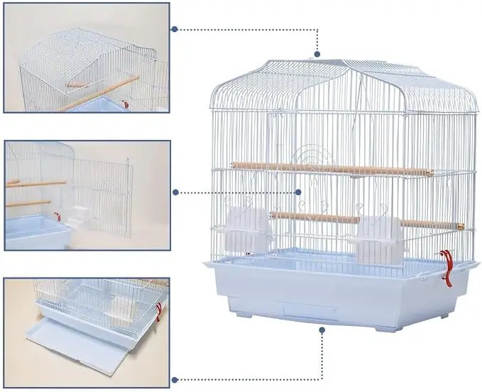 Portable Bird Cage for Small Medium Birds with Wooden Perches, Swing & Feeding Bowls, Removable Pull-out Tray & Top Carry Handle, Travel Bird House for Budgies, Cockatiels, Canaries