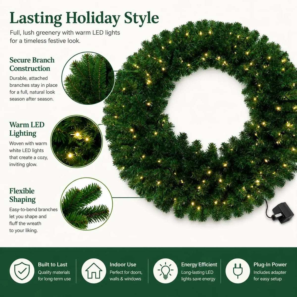 36 Inch Pre-Lit Artificial Christmas Wreath – Realistic Pine Door Decor with Pinecones & Berries, Warm White LED Lights for Holiday Entryway, Wall & Mantel