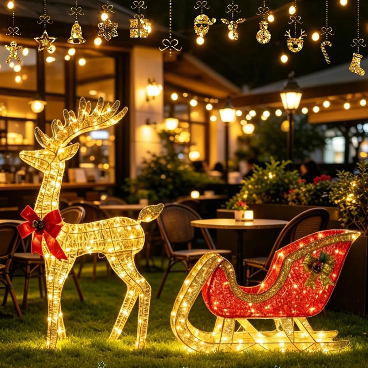 4ft Lighted Christmas Reindeer And Sleigh Set With 180 Led Lights, Outdoor Yard Decor With Ground Stakes For Lawn Patio Garden Porch