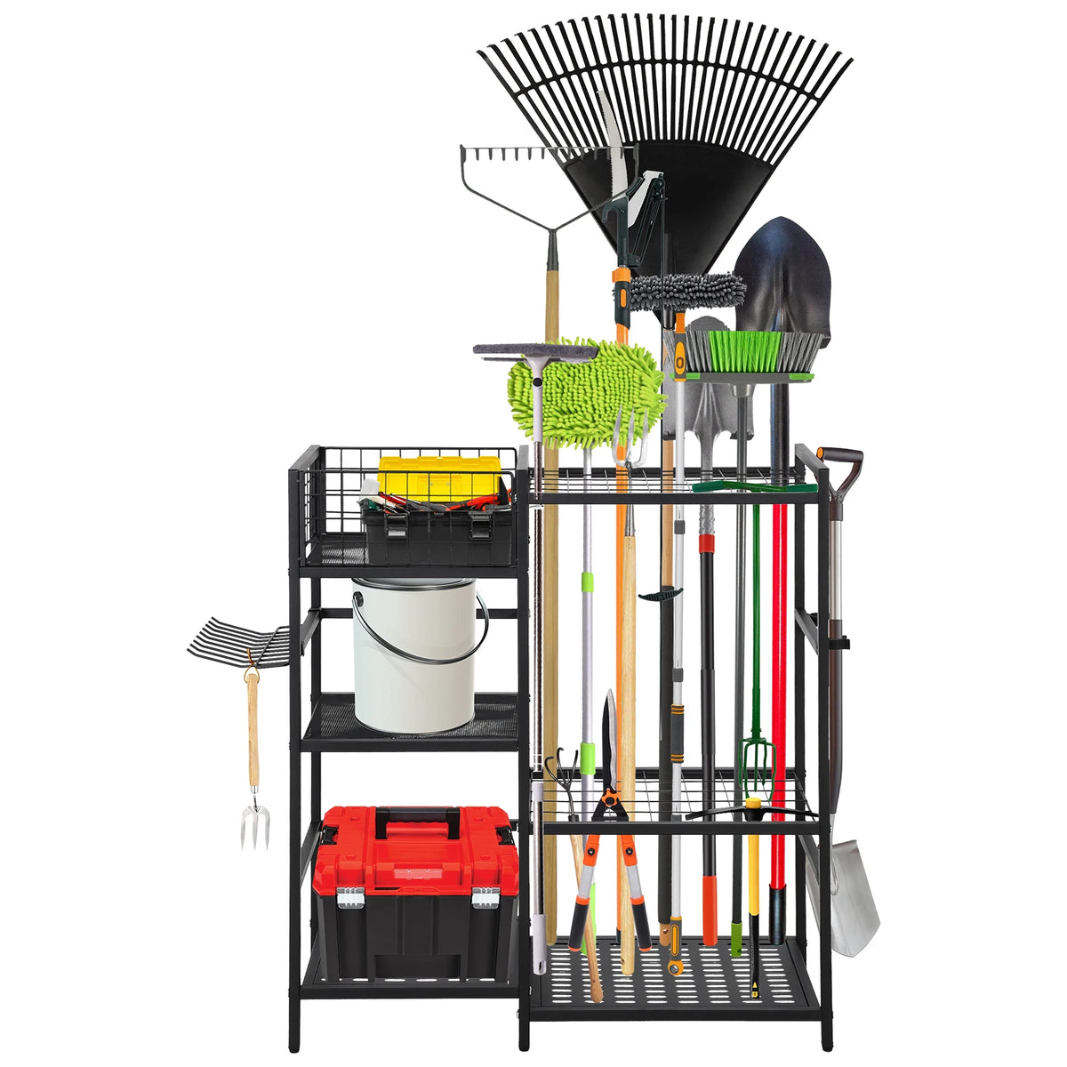 Steel Garden Tool Organizer Rack With Shelves And Hooks