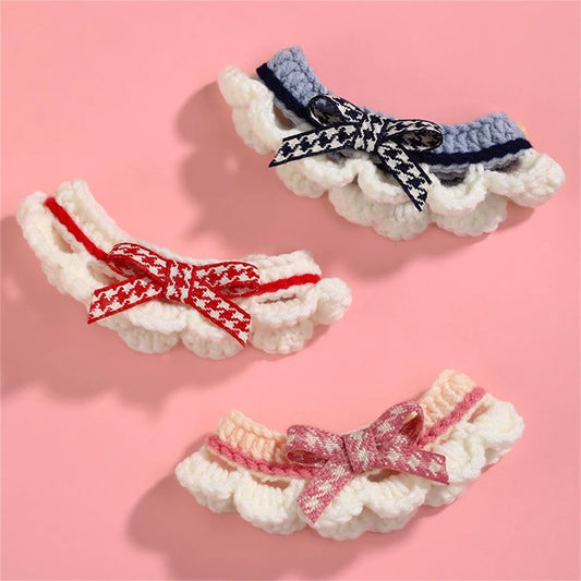 Hand-Knitted Adjustable Pet Collar With Lace Bowknot Soft Drool Pad