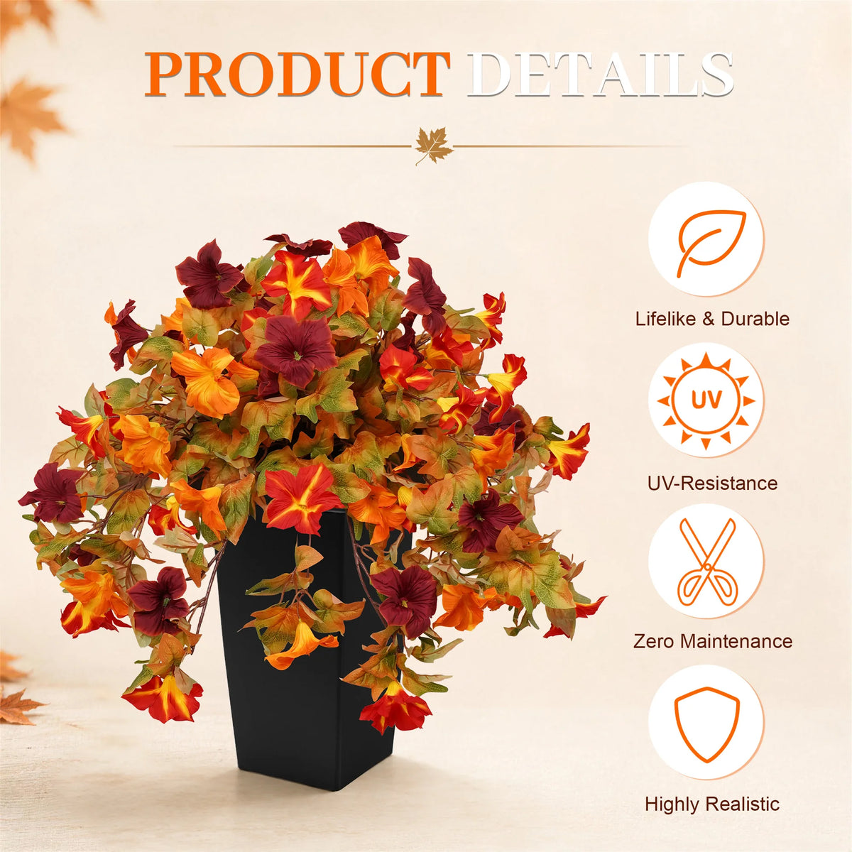 Artificial Autumn Morning Glory Plants with Orange Burgundy Leaves, 2 pack