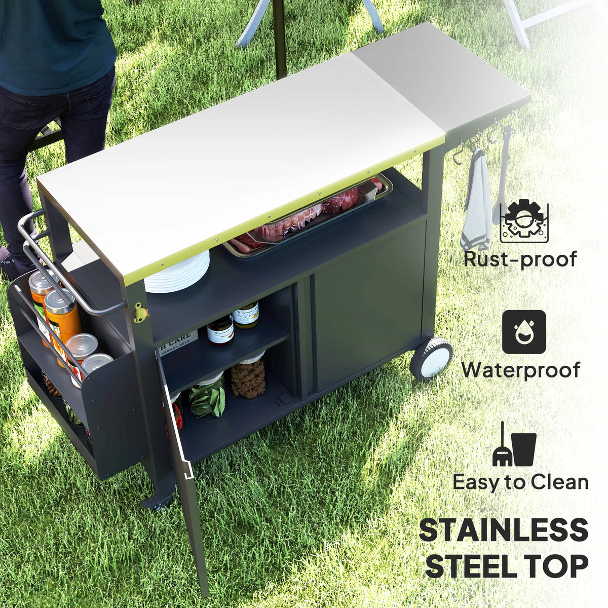 Outdoor Grill Cart Table with Foldable Side Table, Storage & Towel Rack