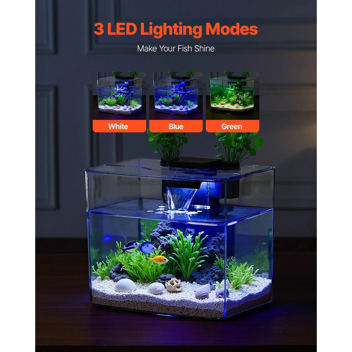 VEVOR Fish Tank Aquarium 3.5Gal Arch Ultra-Clear GPPS Starter Smart Tank Adjustable 3 Color Lighting for Freshwater Fish Home