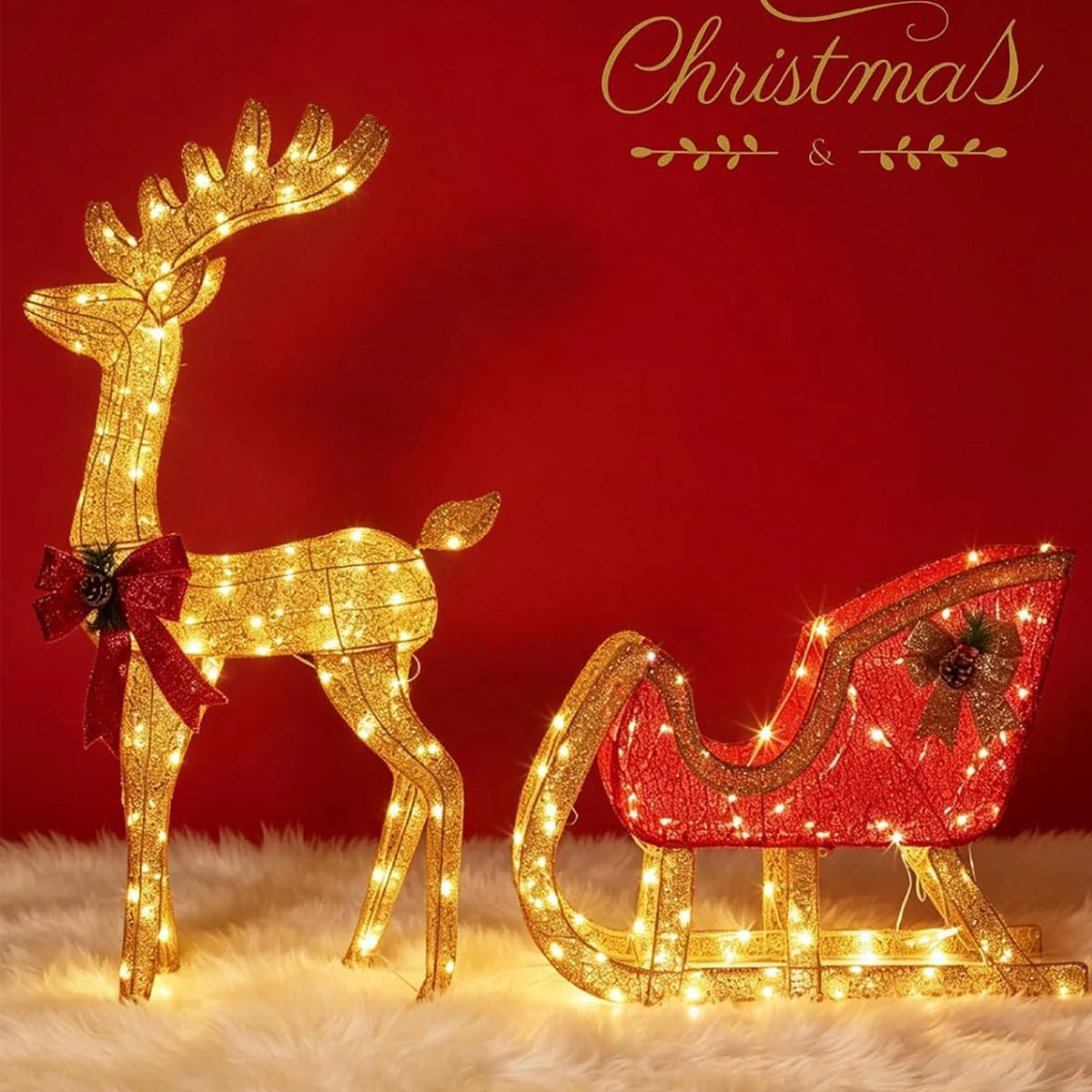 4ft Lighted Christmas Reindeer And Sleigh Set With 180 Led Lights, Outdoor Yard Decor With Ground Stakes For Lawn Patio Garden Porch