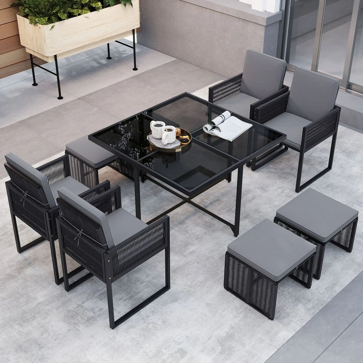 Lifezeal Outdoor Dining Set With Glass Table And Rattan Seating