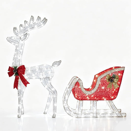 4ft Lighted Christmas Reindeer And Sleigh Set With 180 Led Lights, Outdoor Yard Decor With Ground Stakes For Lawn Patio Garden Porch
