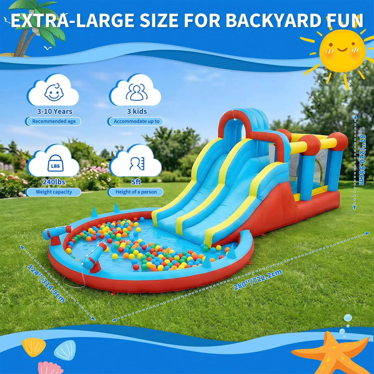 23FT 8-in-1 Inflatable Water Slide Bounce House With Blower, Dual Slides, Splash Pool, Outdoor Kids Water Park Ages 3-10