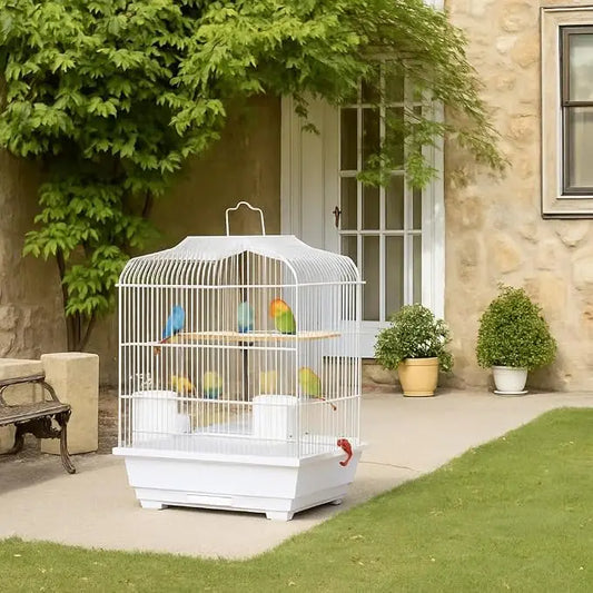 Portable Bird Cage for Small Medium Birds with Wooden Perches, Swing & Feeding Bowls, Removable Pull-out Tray & Top Carry Handle, Travel Bird House for Budgies, Cockatiels, Canaries