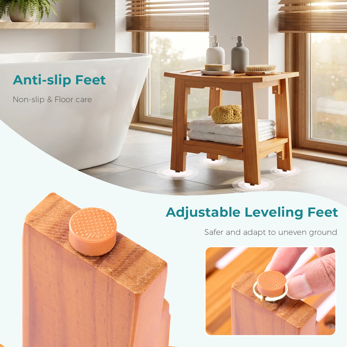 MCQ 18 Inch Wooden Bathroom Chair with Storage Shelf Waterproof Shower Bench Handles 300 LBS Capacity Showering Seat for Home