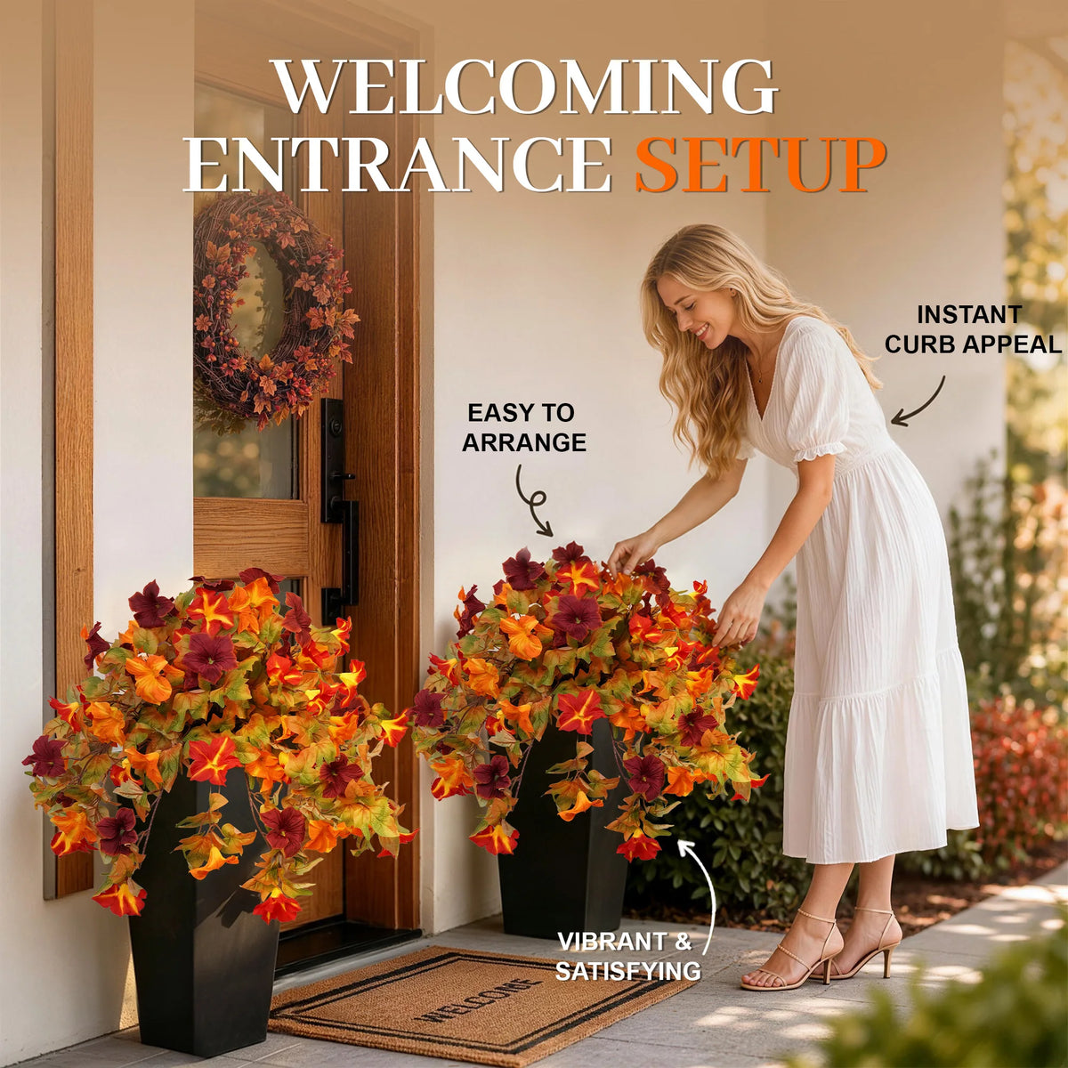 Artificial Autumn Morning Glory Plants with Orange Burgundy Leaves, 2 pack
