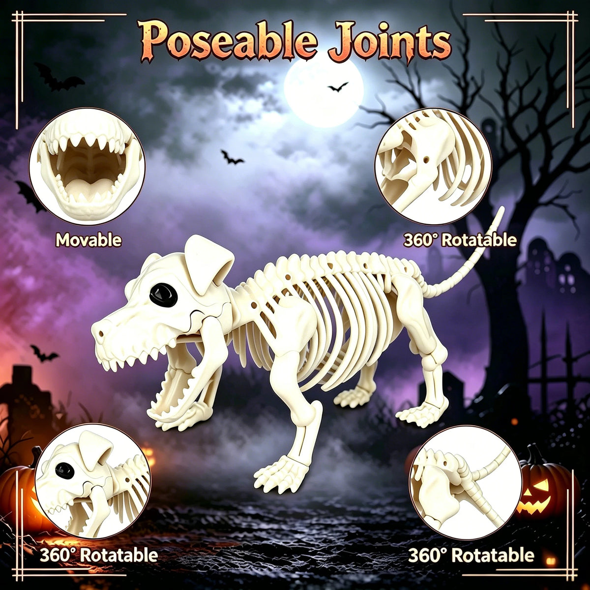 Posable Halloween Skeleton And Dog Outdoor Yard Decorations