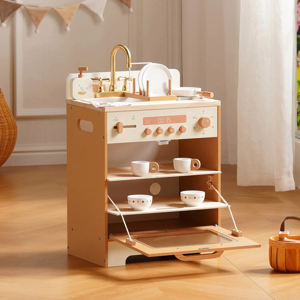 Robud Kids Wooden Play Kitchen Set With Oven And Refrigerator