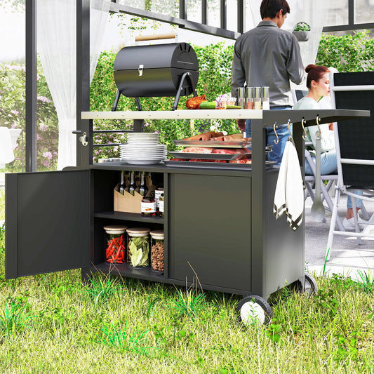 Outdoor Grill Cart Table with Foldable Side Table, Storage & Towel Rack