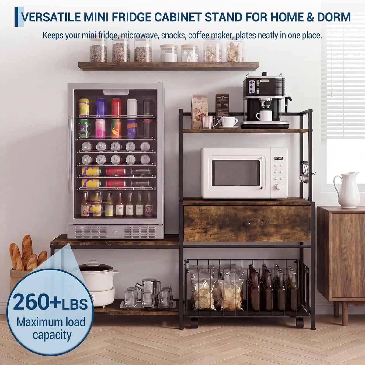 arvee 35.8in Mini Fridge Stand with Storage & Metal Drawers, Burn Color 260 lb L-Shaped Utility Bakers Rack with Mini Fridge Space, 5-Tier Sturdy Microwave Stand and Coffee Station for Dorm, Office