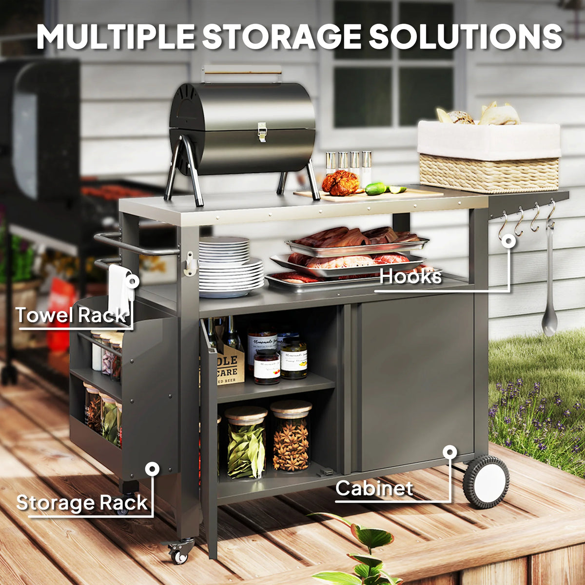 Outdoor Grill Cart Table with Foldable Side Table, Storage & Towel Rack