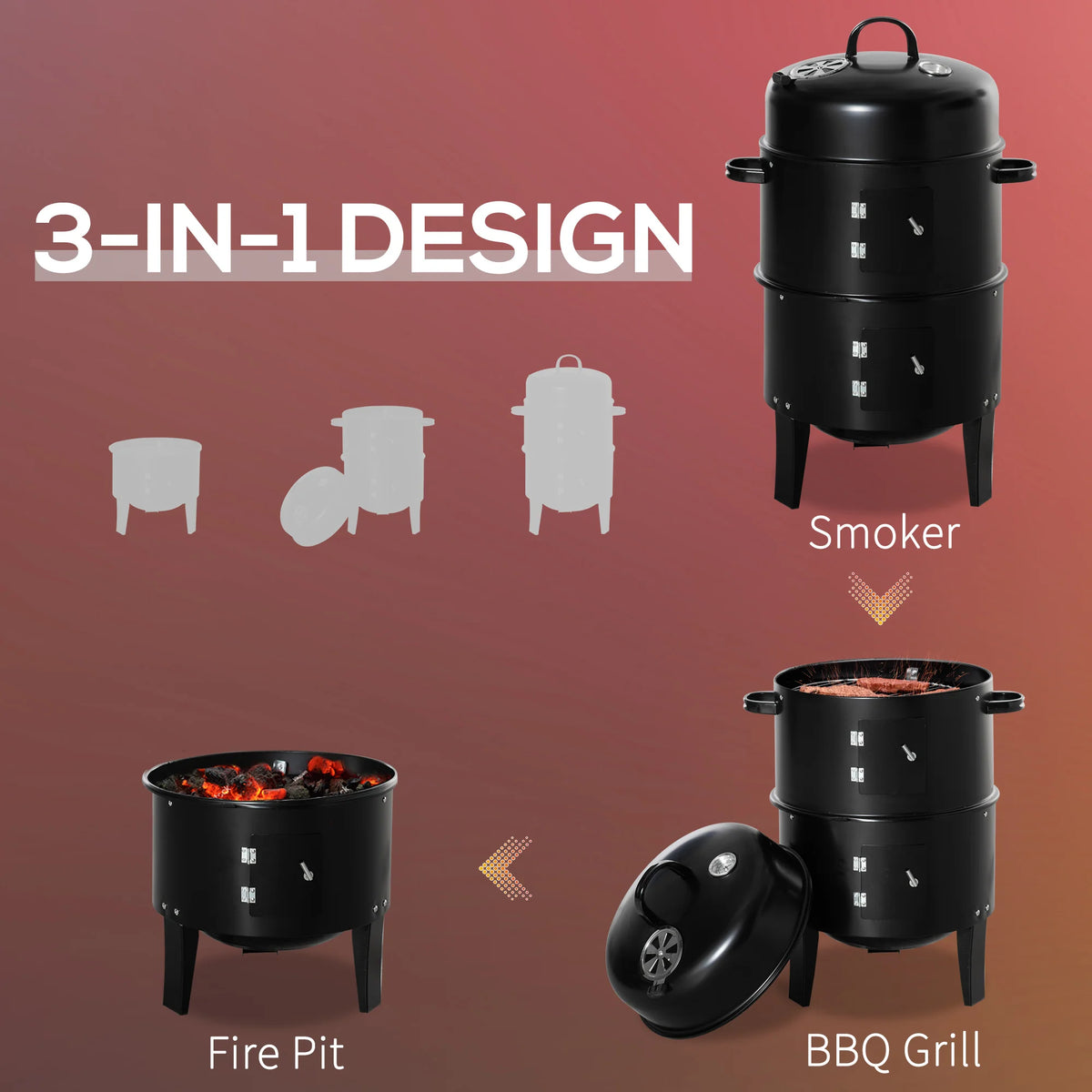 Outsunny Three In One Outdoor Charcoal BBQ Grill And Smoker