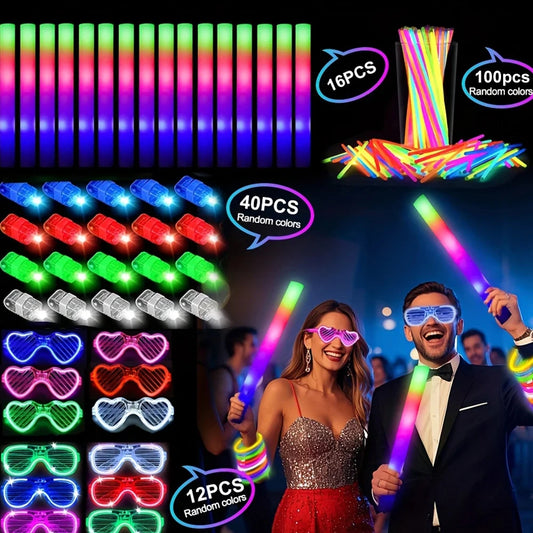 168pcs/Set Glow Party Kit, Including 12 LED Glasses, 16 Foam Glow Sticks, 40 Finger Lights, 100 Glow Sticks, Suitable for Wedding