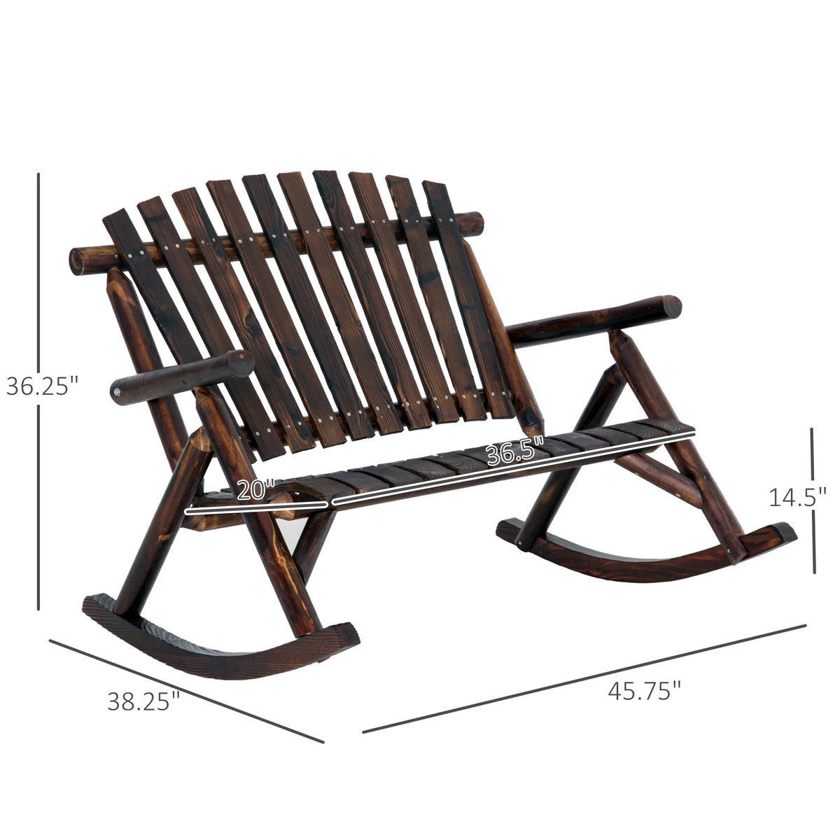 Wooden Adirondack Rocker Loveseat 2 Seat Wood Rocking Chair Porch Carbonized
