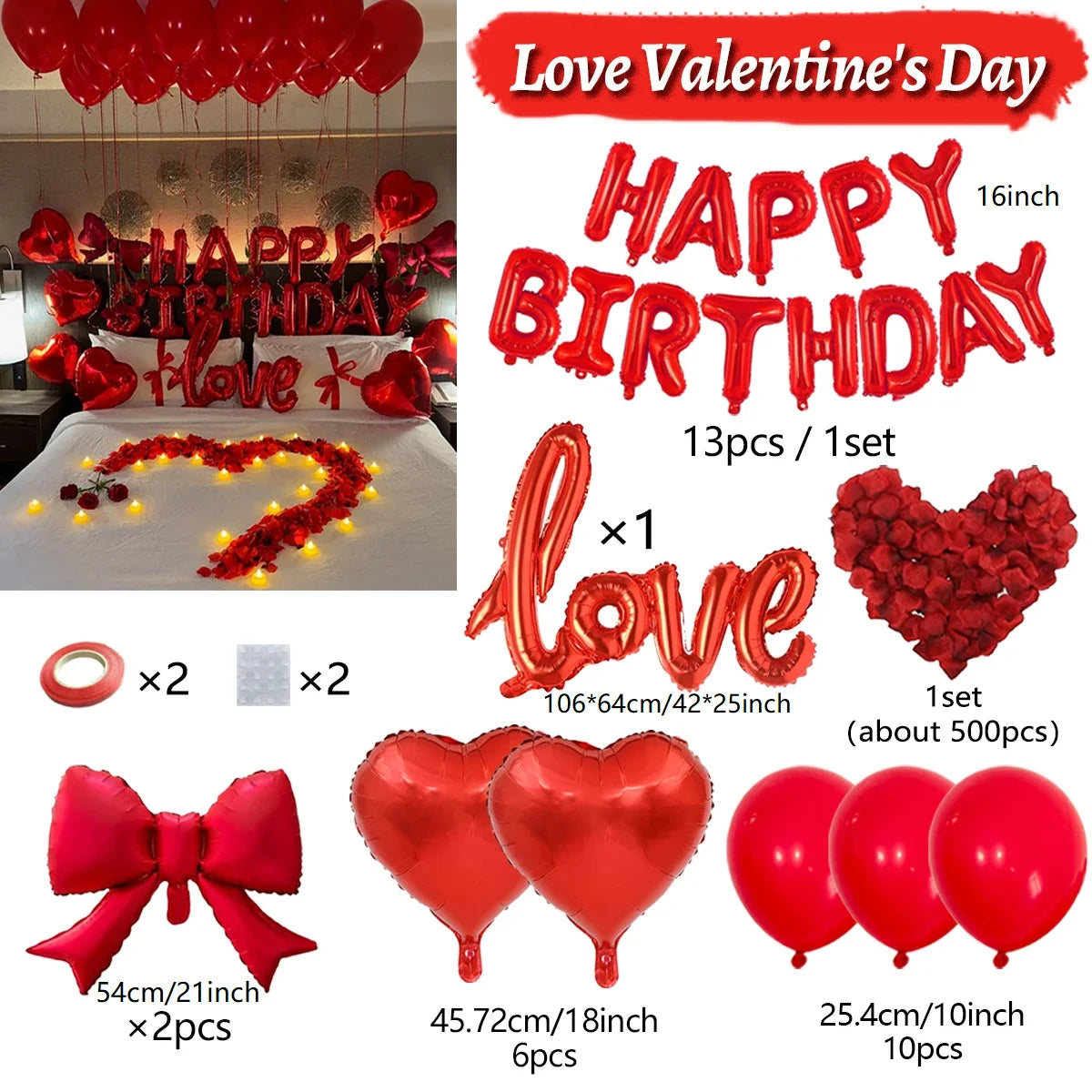 Red birthday balloon set with bow, love heart, aluminum foil balloon, simulated petals for birthdays and Valentine's Day
