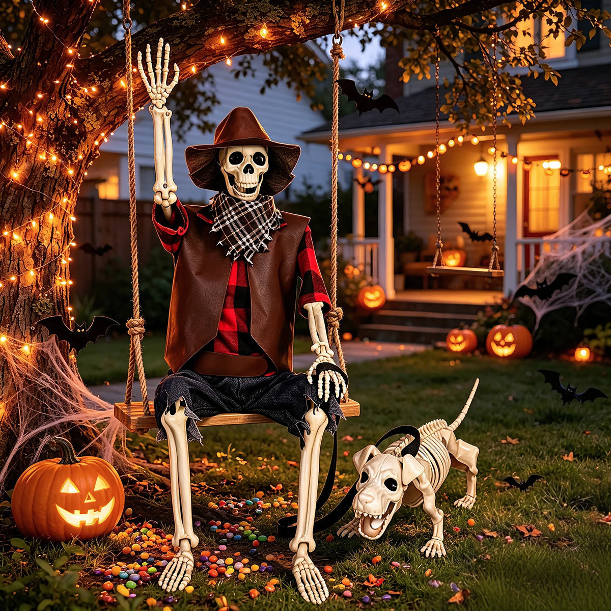 Posable Halloween Skeleton And Dog Outdoor Yard Decorations