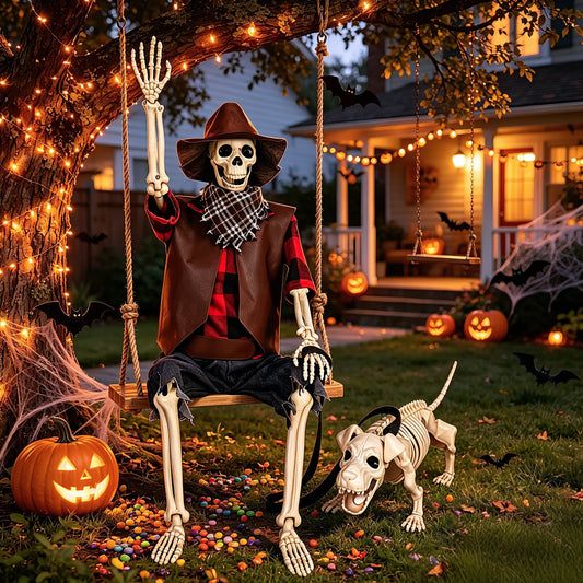 Posable Halloween Skeleton And Dog Outdoor Yard Decorations
