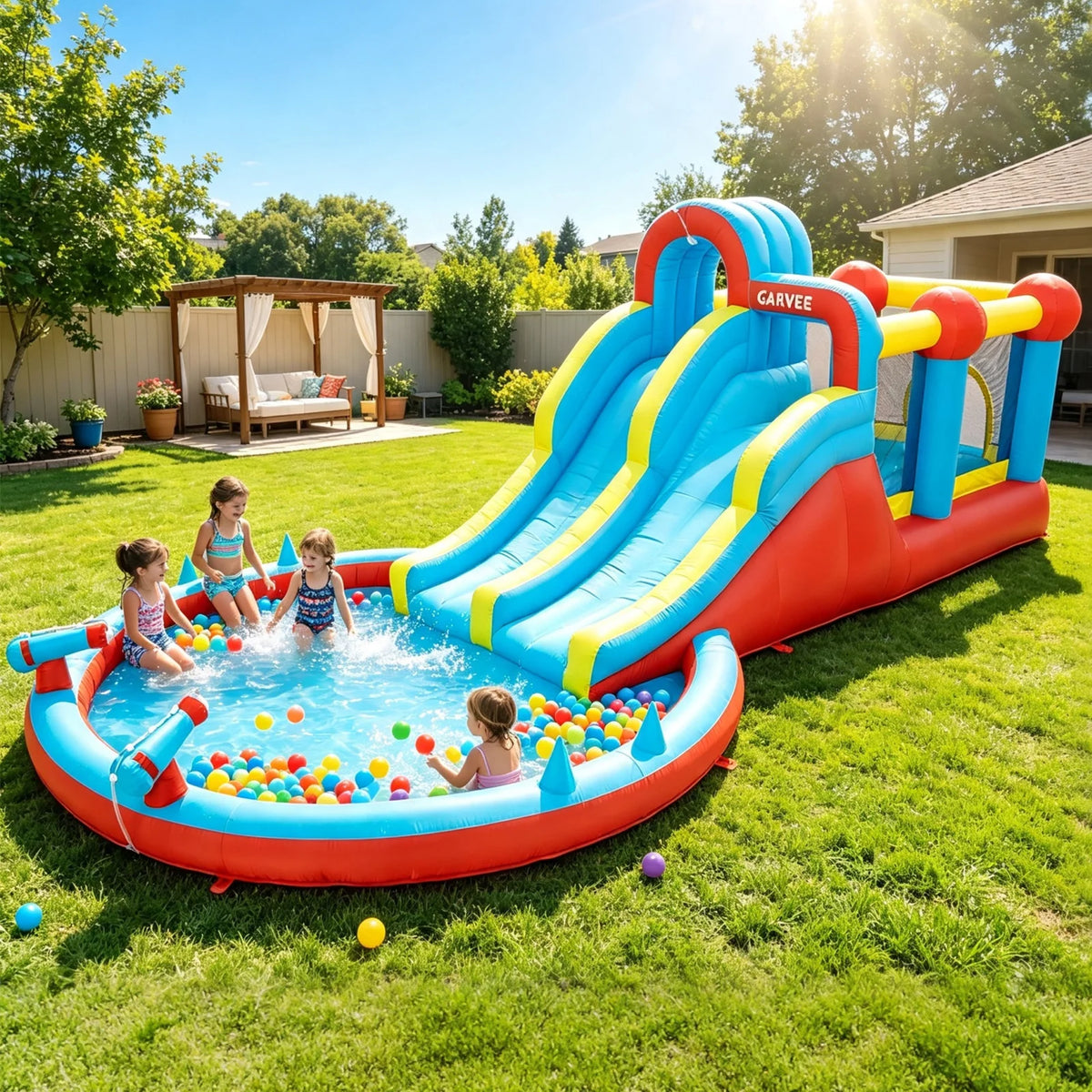 23FT 8-in-1 Inflatable Water Slide Bounce House With Blower, Dual Slides, Splash Pool, Outdoor Kids Water Park Ages 3-10