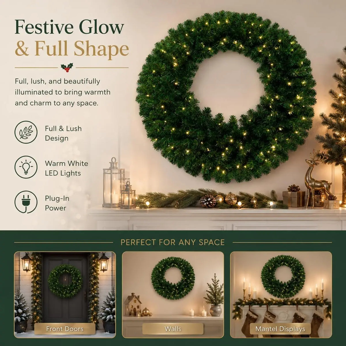 36 Inch Pre-Lit Artificial Christmas Wreath – Realistic Pine Door Decor with Pinecones & Berries, Warm White LED Lights for Holiday Entryway, Wall & Mantel