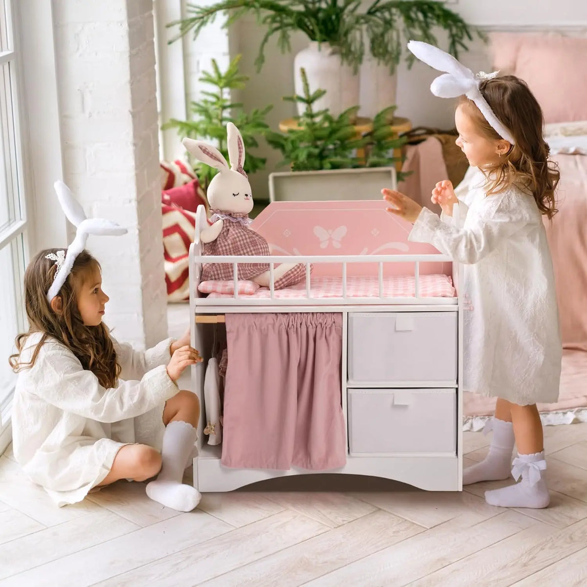 Rolife Wooden Baby Doll Crib With Storage Compartments