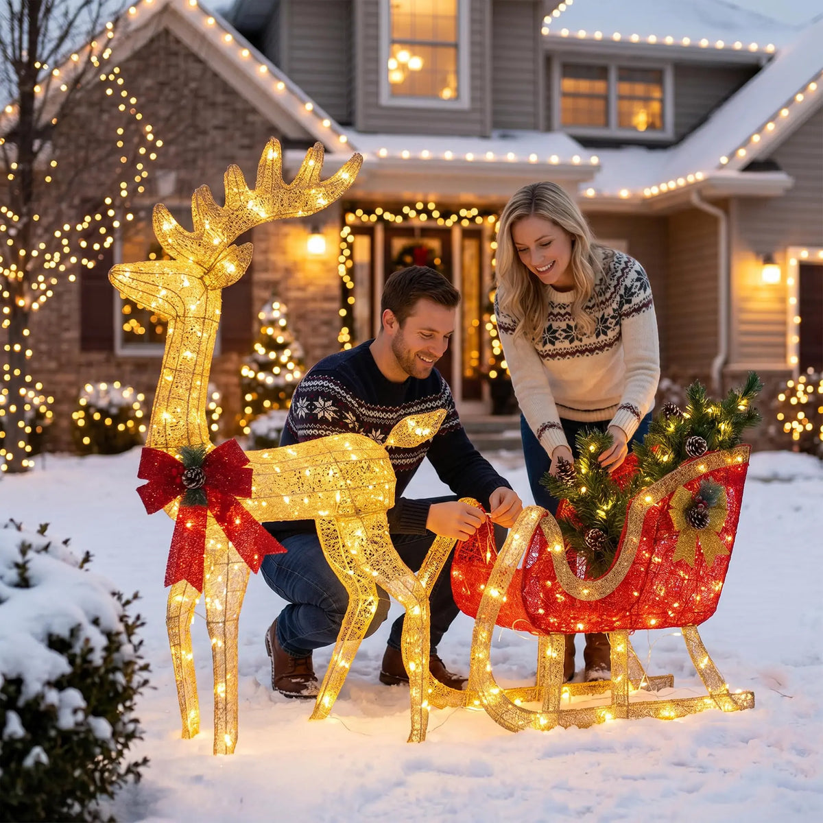 4ft Lighted Christmas Reindeer And Sleigh Set With 180 Led Lights, Outdoor Yard Decor With Ground Stakes For Lawn Patio Garden Porch