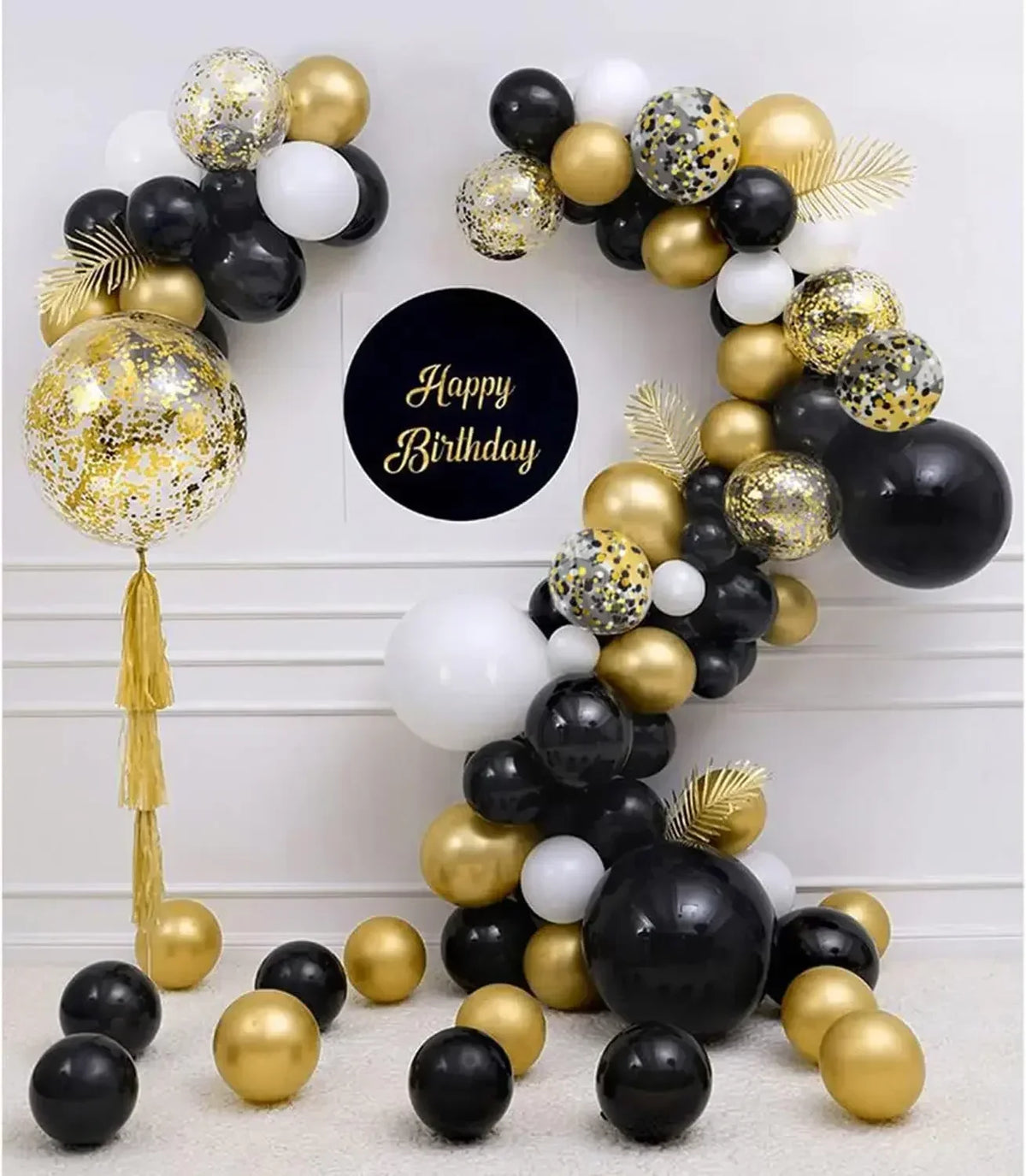 Zesliwy Black Gold Confetti Balloons 50 pack - 12 Inch Gold White and Black Confetti Balloons with Ribbons for Graduation Birthday Wedding Party Decorations