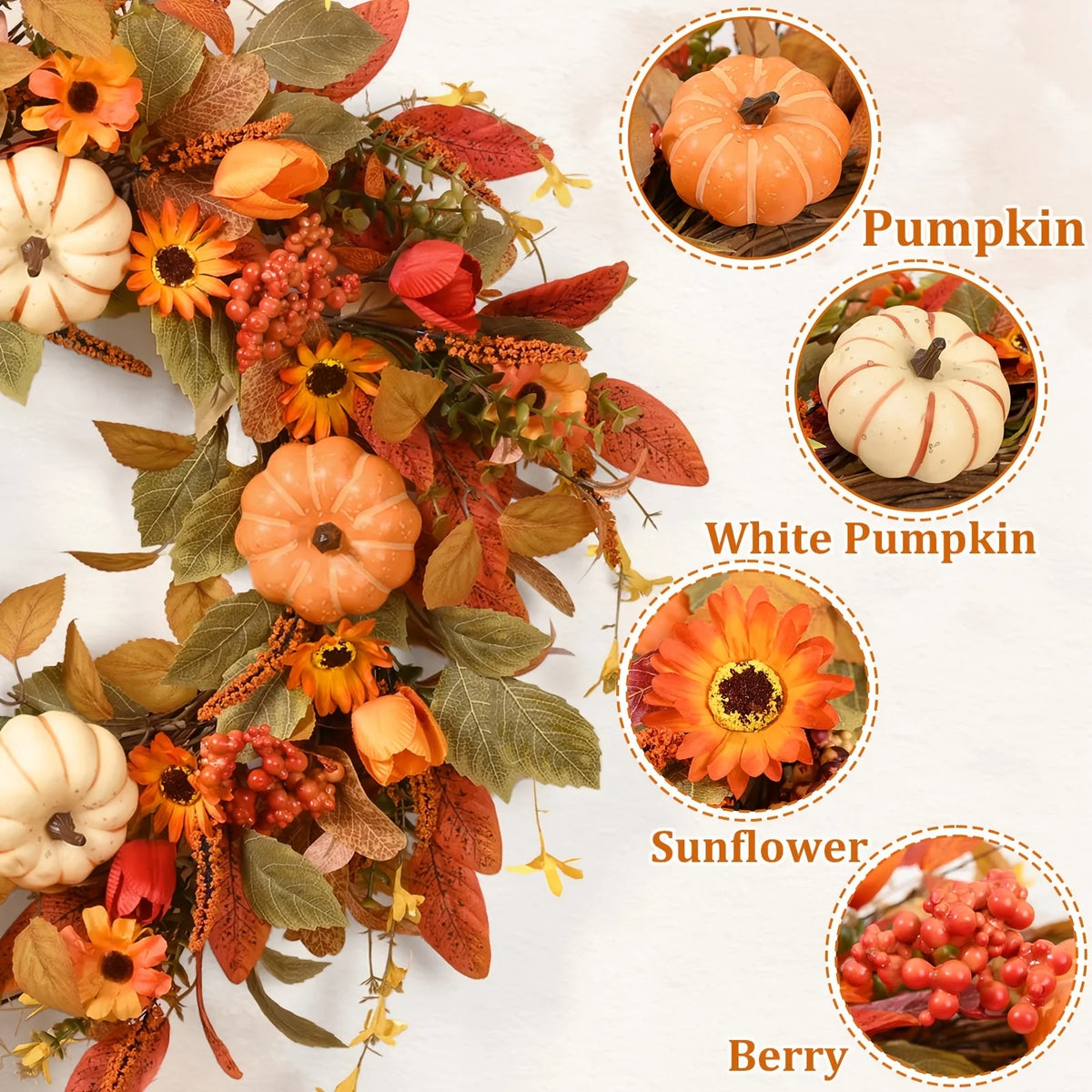 Autumn Wreath with Pumpkins, Leaves & Flowers, Perfect for Your Front Door, 22" Inch