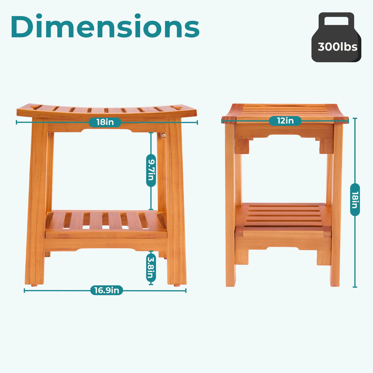 MCQ 18 Inch Wooden Bathroom Chair with Storage Shelf Waterproof Shower Bench Handles 300 LBS Capacity Showering Seat for Home
