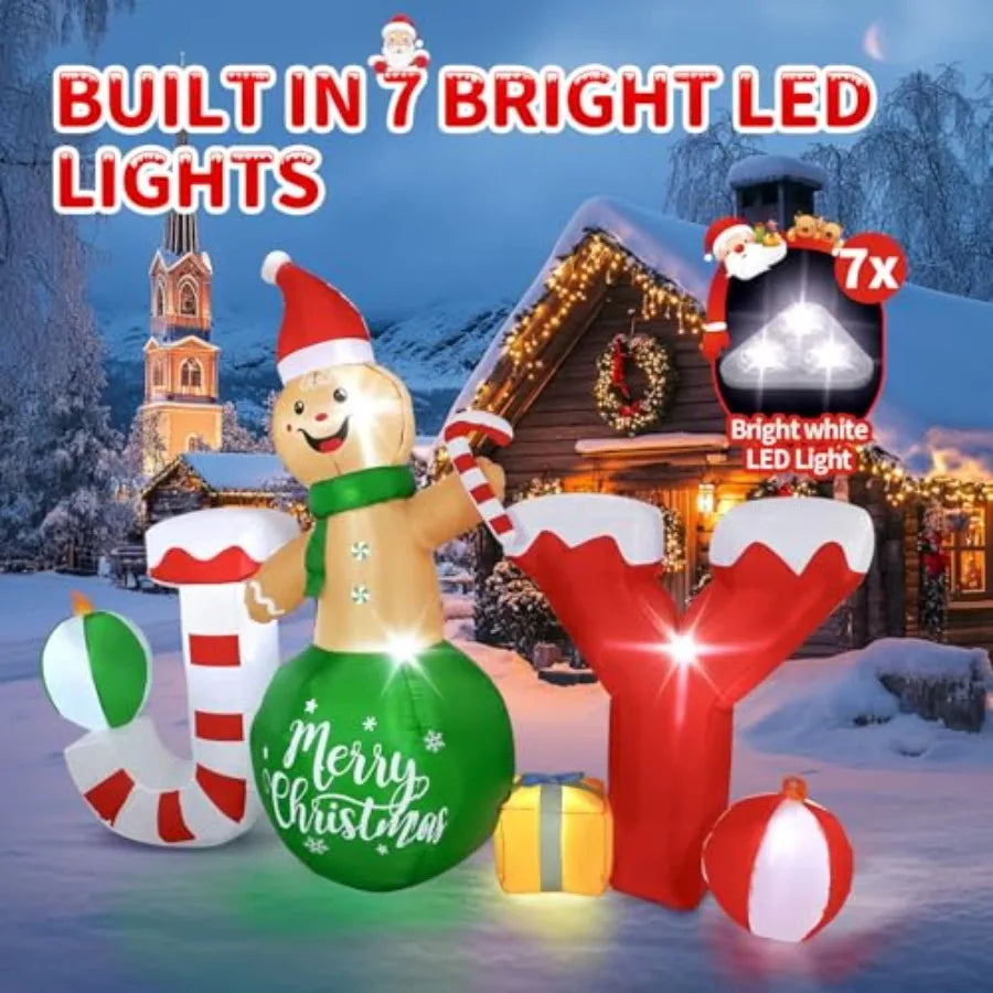 JOY & Gingerbread  Outdoor Christmas Inflatable,  6x8 FT, 7 built-in LED lights